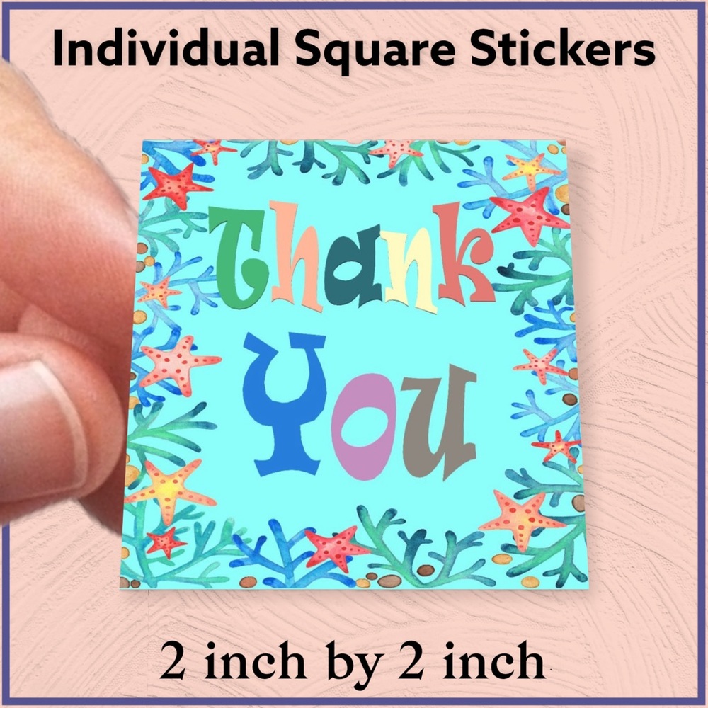 100 (2x2 Inch) Square Stickers, Sea Stars, Starfish High Gloss, Thank You - Picture 2 of 3